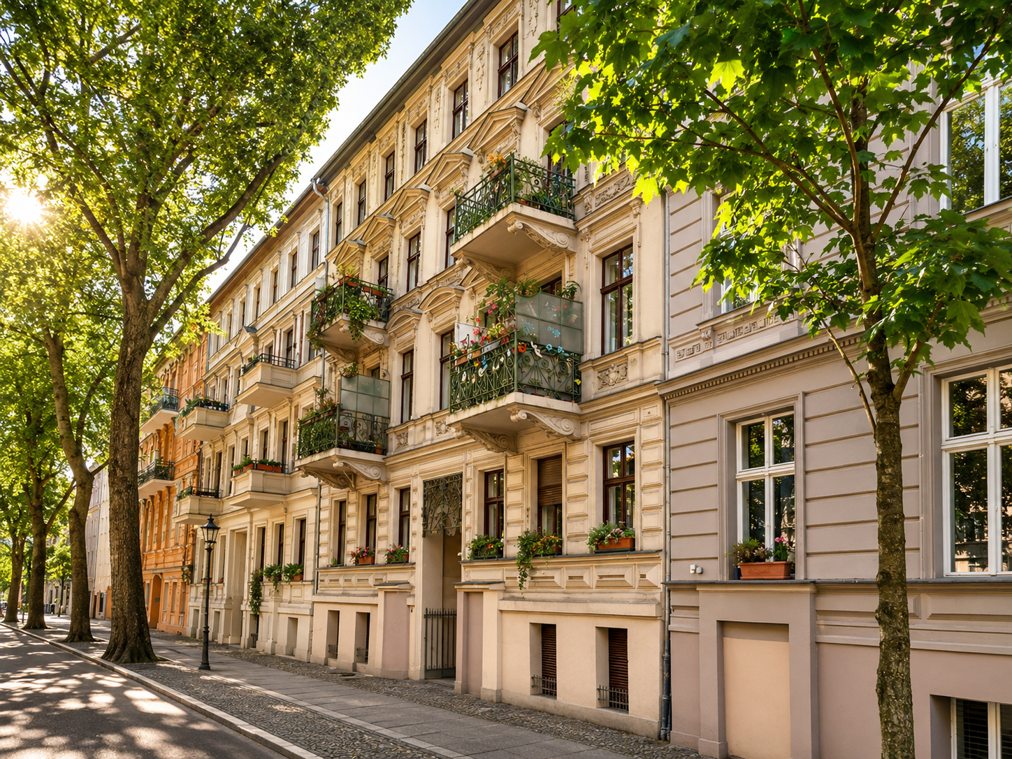Sonnenbeschienener Altbau-Straßenzug in Berlin-Charlottenburg — Auftakt für ein persönliches Erstgespräch zum Zinshausverkauf