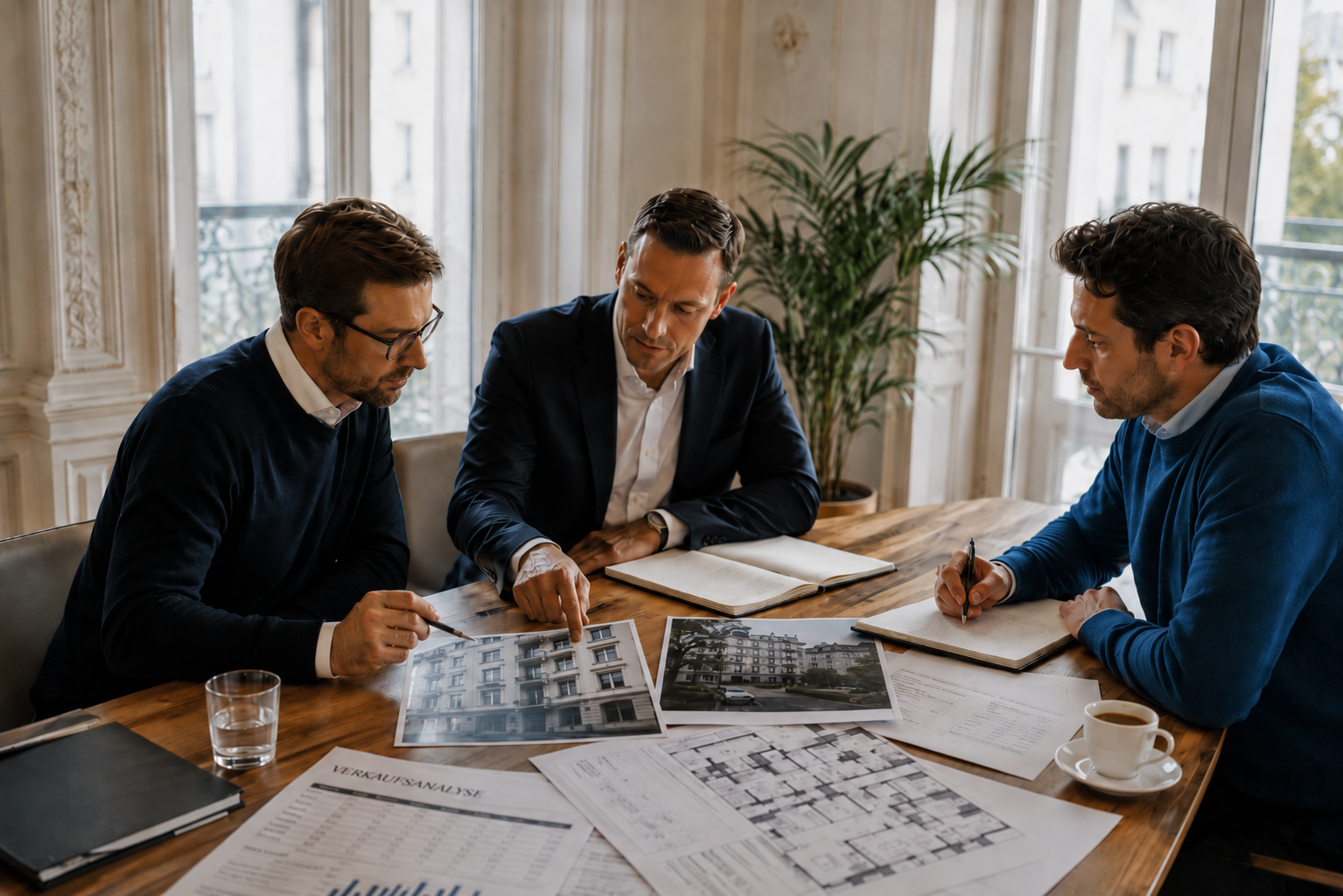 Geschäftliches Besprechungszimmer mit Architekturplänen – Preislogik Mehrfamilienhaus Berlin