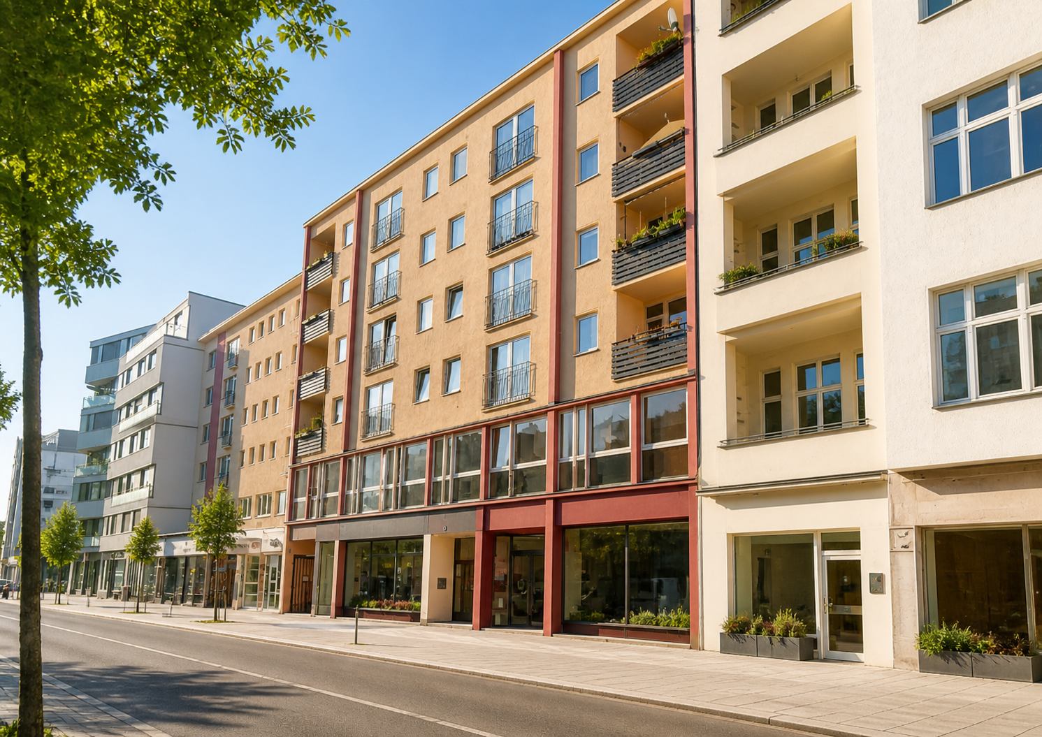 Berliner Wohn- und Geschäftshaus mit Gewerbe im Erdgeschoss, urbane Straßenlage, Neubau