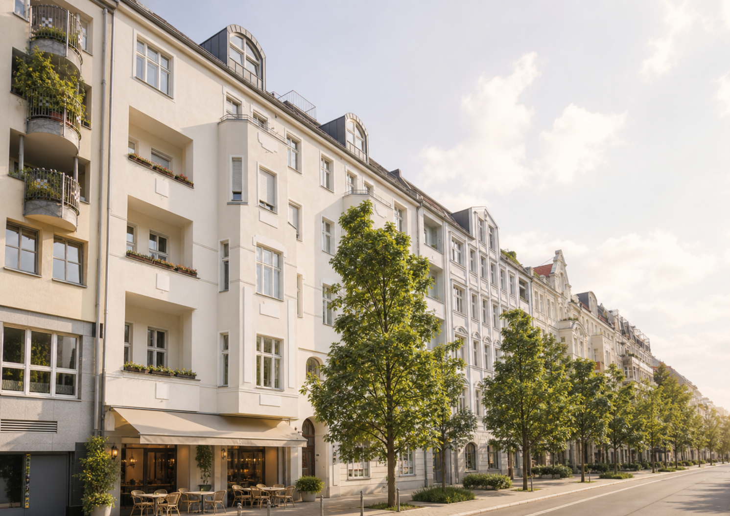 Berliner Wohnstraße mit Altbauten und Café im Erdgeschoss, Bäume, warmes Abendlicht